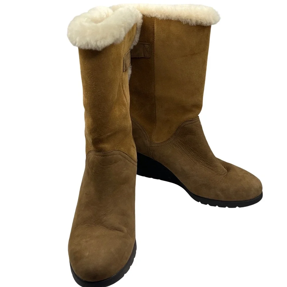 UGG Australia Women Chestnut Suede Waterproof Shearling Wedge Boots Buckle Strap